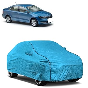 car bady cover waterproof compatible with skoda rapid triple stitched fully elastic ultra mirror pocket  heavy buckle  mtl blue amp black piping blue amp black