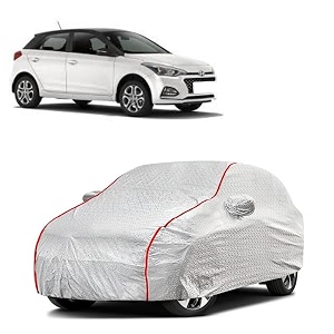 car bady cover waterproof compatible with hyundai elite i20 2020 triple stitched fully elastic ultra mirror pocket  heavy buckle  silver amp red piping silver amp red