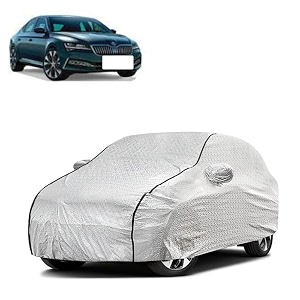 car bady cover waterproof compatible with skoda superb triple stitched fully elastic ultra mirror pocket  heavy buckle  silver amp black piping silver amp black