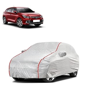car bady cover waterproof compatible with toyota glanza triple stitched fully elastic ultra mirror pocket  heavy buckle  silver amp red piping silver amp red