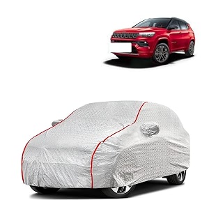 car bady cover waterproof compatible with kia carens triple stitched fully elastic ultra mirror pocket  heavy buckle  silver amp red piping silver amp red