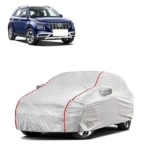 car bady cover waterproof compatible with hyundai venue triple stitched fully elastic ultra mirror pocket  heavy buckle  silver amp red piping silver amp red