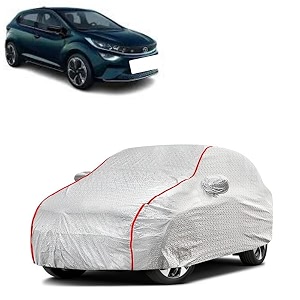 car bady cover waterproof compatible with tata altroz ev triple stitched fully elastic ultra mirror pocket  heavy buckle  silver amp red piping silver amp red