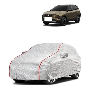 car bady cover waterproof compatible with tata safari triple stitched fully elastic ultra mirror pocket  heavy buckle  silver amp red piping silver amp red