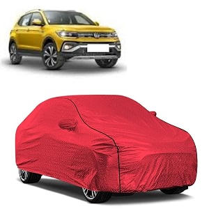 car bady cover waterproof compatible with volkswagen taigun triple stitched fully elastic ultra mirror pocket  heavy buckle  mth red amp black piping red amp black