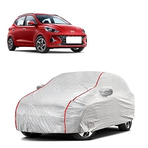 car bady cover waterproof compatible with hyundai grand i10 nios triple stitched fully elastic ultra mirror pocket  heavy buckle  silver amp red piping silver amp red