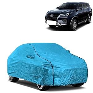 car bady cover waterproof compatible with toyota new fortuner triple stitched fully elastic ultra mirror pocket  heavy buckle  mtl blue amp black piping blue amp black