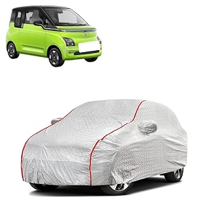 car bady cover waterproof compatible with mg comet ev triple stitched fully elastic ultra mirror pocket  heavy buckle  silver amp red piping silver amp red