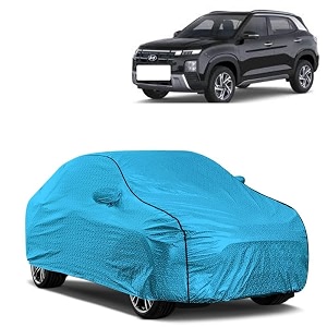 car bady cover waterproof compatible with hyundai creta 2024 triple stitched fully elastic ultra mirror pocket  heavy buckle  mtl blue amp black piping blue amp black
