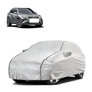 car bady cover waterproof compatible with hyundai tucson triple stitched fully elastic ultra mirror pocket  heavy buckle  silver amp black piping silver amp black