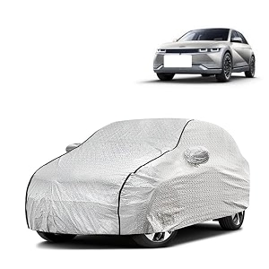 car bady cover waterproof compatible with hyundai ioniq 5 triple stitched fully elastic ultra mirror pocket  heavy buckle  silver amp black piping silver amp black
