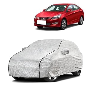 car bady cover waterproof compatible with hyundai fluidic verna triple stitched fully elastic ultra mirror pocket  heavy buckle  silver amp black piping silver amp black