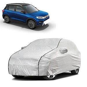 car bady cover waterproof compatible with maruti brezza triple stitched fully elastic ultra mirror pocket  heavy buckle  silver amp black piping silver amp black