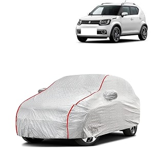 car bady cover waterproof compatible with maruti ignis triple stitched fully elastic ultra mirror pocket  heavy buckle  silver amp red piping silver amp red