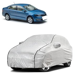 car bady cover waterproof compatible with skoda rapid triple stitched fully elastic ultra mirror pocket  heavy buckle  silver amp black piping silver amp black