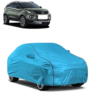 car bady cover waterproof compatible with tata nexon triple stitched fully elastic ultra mirror pocket  heavy buckle  mtl blue amp black piping blue amp black