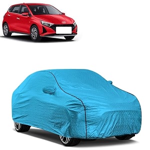car bady cover waterproof compatible with hyundai i20 triple stitched fully elastic ultra mirror pocket  heavy buckle  mtl blue amp black piping blue amp black