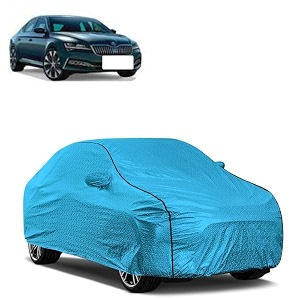 car bady cover waterproof compatible with skoda superb triple stitched fully elastic ultra mirror pocket  heavy buckle  mtl blue amp black piping blue amp black