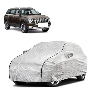 car bady cover waterproof compatible with hyundai alcazar triple stitched fully elastic ultra mirror pocket  heavy buckle  silver amp black piping silver amp black