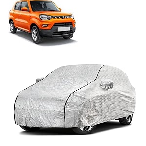 car bady cover waterproof compatible with maruti s-presso triple stitched fully elastic ultra mirror pocket  heavy buckle  silver amp black piping silver amp black