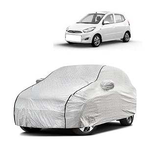 car bady cover waterproof compatible with hyundai i10 triple stitched fully elastic ultra mirror pocket  heavy buckle  silver amp black piping silver amp black