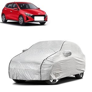 car bady cover waterproof compatible with hyundai i20 triple stitched fully elastic ultra mirror pocket  heavy buckle  silver amp black piping silver amp black