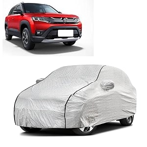 car bady cover waterproof compatible with maruti brezza 2023 triple stitched fully elastic ultra mirror pocket  heavy buckle  silver amp black piping silver amp black