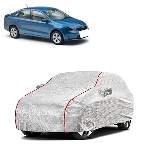 car bady cover waterproof compatible with skoda rapid triple stitched fully elastic ultra mirror pocket  heavy buckle  silver amp red piping silver amp red
