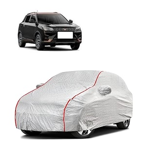 car bady cover waterproof compatible with mahindra xuv 500 triple stitched fully elastic ultra mirror pocket  heavy buckle  silver amp red piping silver amp red