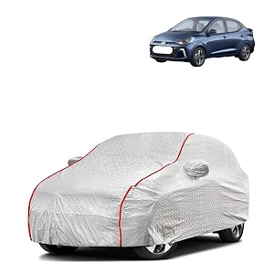 car bady cover waterproof compatible with hyundai aura triple stitched fully elastic ultra mirror pocket  heavy buckle  silver amp red piping silver amp red