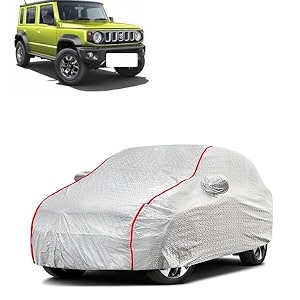 car bady cover waterproof compatible with maruti jimny triple stitched fully elastic ultra mirror pocket  heavy buckle  silver amp red piping silver amp red