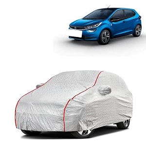 car bady cover waterproof compatible with tata altroz triple stitched fully elastic ultra mirror pocket  heavy buckle  silver amp red piping silver amp red