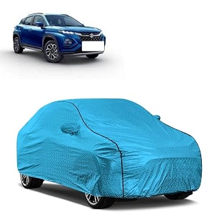 car bady cover waterproof compatible with maruti fronx triple stitched fully elastic ultra mirror pocket  heavy buckle  mtl blue amp black piping blue amp black