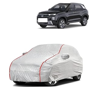 car bady cover waterproof compatible with hyundai creta 2024 triple stitched fully elastic ultra mirror pocket  heavy buckle  silver amp red piping silver amp red