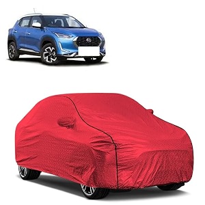 car bady cover waterproof compatible with nissan magnite triple stitched fully elastic ultra mirror pocket  heavy buckle  mth red amp black piping red amp black