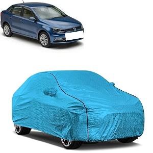 car bady cover waterproof compatible with volkswagen ameo triple stitched fully elastic ultra mirror pocket  heavy buckle  mtl blue amp black piping blue amp black
