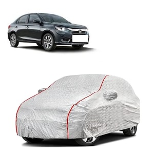 car bady cover waterproof compatible with honda new amaze triple stitched fully elastic ultra mirror pocket  heavy buckle  silver amp red piping silver amp red