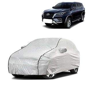 car bady cover waterproof compatible with toyota new fortuner triple stitched fully elastic ultra mirror pocket  heavy buckle  silver amp black piping silver amp black