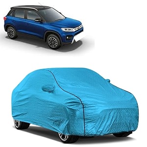car bady cover waterproof compatible with maruti brezza triple stitched fully elastic ultra mirror pocket  heavy buckle  mtl blue amp black piping blue amp black