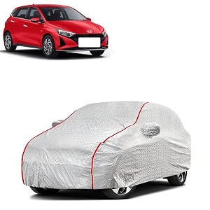 car bady cover waterproof compatible with hyundai i20 triple stitched fully elastic ultra mirror pocket  heavy buckle  silver amp red piping silver amp red
