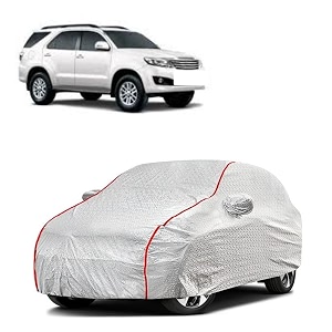 car bady cover waterproof compatible with toyota old fortuner triple stitched fully elastic ultra mirror pocket  heavy buckle  silver amp red piping silver amp red
