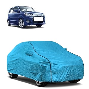 car bady cover waterproof compatible with maruti wagon r 10 triple stitched fully elastic ultra mirror pocket  heavy buckle  mtl blue amp black piping blue amp black