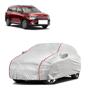 car bady cover waterproof compatible with kia carnival triple stitched fully elastic ultra mirror pocket  heavy buckle  silver amp red piping silver amp red