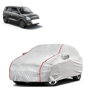 car bady cover waterproof compatible with maruti wagonr 2023 triple stitched fully elastic ultra mirror pocket  heavy buckle  silver amp red piping silver amp red