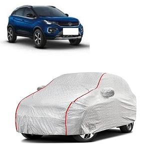 car bady cover waterproof compatible with tata nexon 2023 triple stitched fully elastic ultra mirror pocket  heavy buckle  silver amp red piping silver amp red