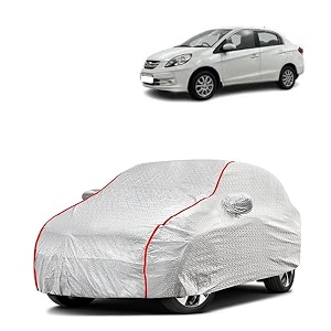 car bady cover waterproof compatible with honda old amaze triple stitched fully elastic ultra mirror pocket  heavy buckle  silver amp red piping silver amp red