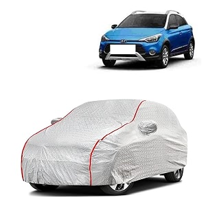car bady cover waterproof compatible with hyundai i20 active triple stitched fully elastic ultra mirror pocket  heavy buckle  silver amp red piping silver amp red