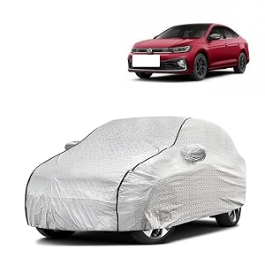 car bady cover waterproof compatible with volkswagen virtus triple stitched fully elastic ultra mirror pocket  heavy buckle  silver amp black piping silver amp black