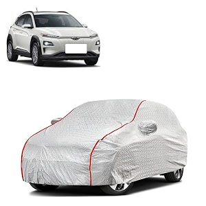 car bady cover waterproof compatible with hyundai kona electric triple stitched fully elastic ultra mirror pocket  heavy buckle  silver amp red piping silver amp red