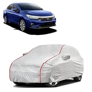 car bady cover waterproof compatible with honda new city triple stitched fully elastic ultra mirror pocket  heavy buckle  silver amp red piping silver amp red